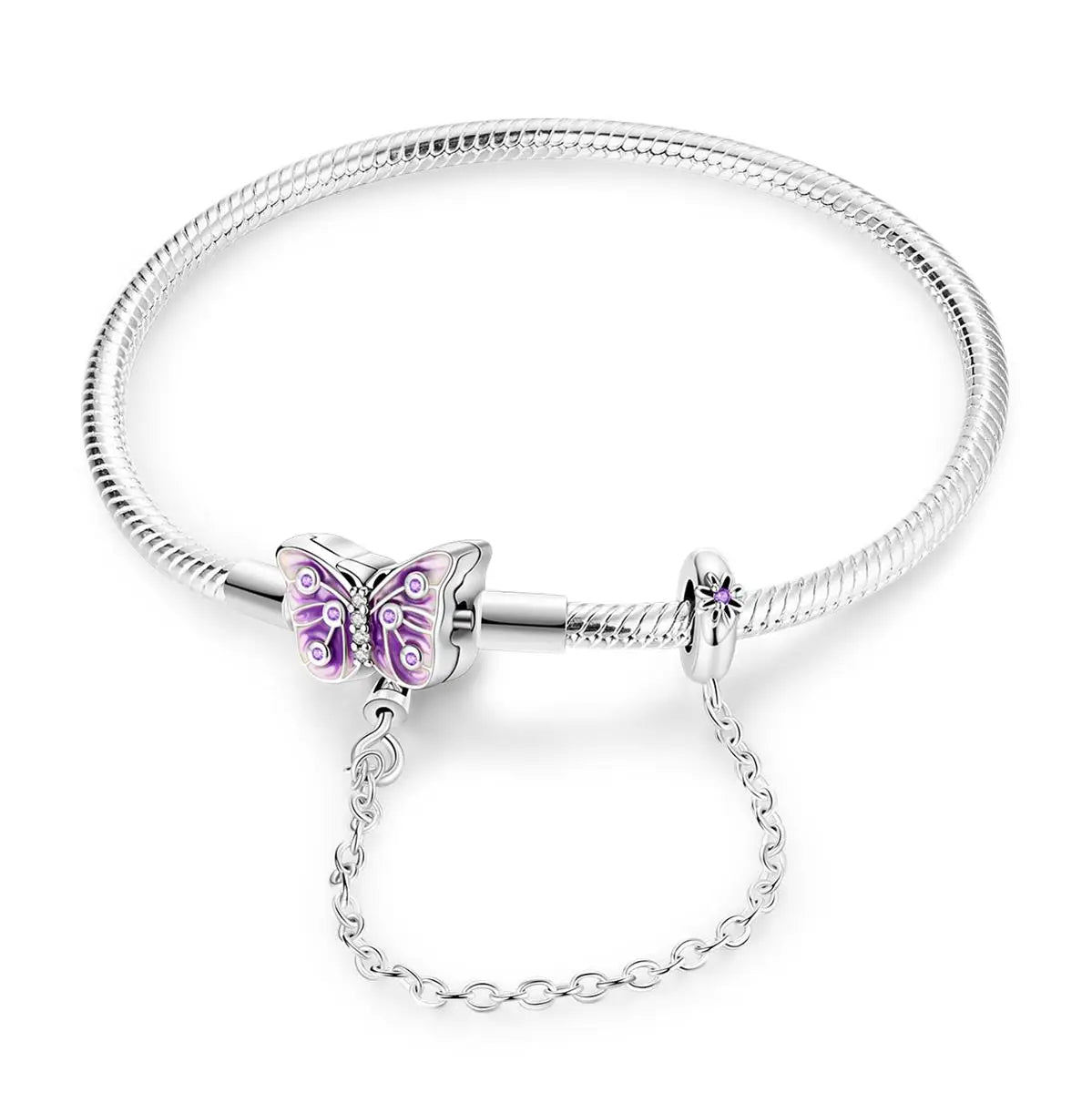 Papillon Violet | Bracelet en Argent avec Papillon Émaillé et Chaîne Élégante