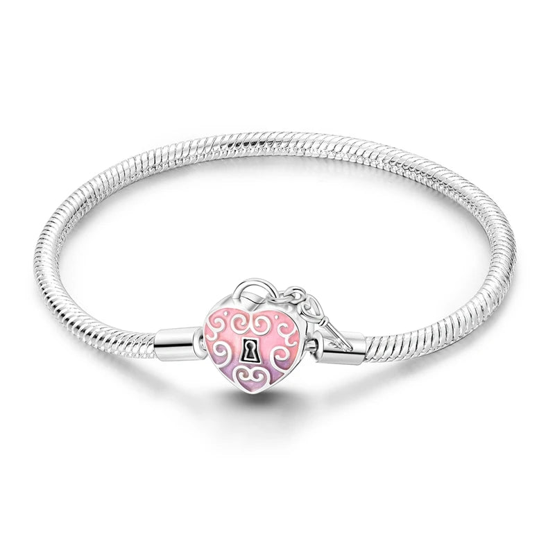 Cœur Verrouillé | Bracelet en Argent avec Motif Verrou et Détails Roses