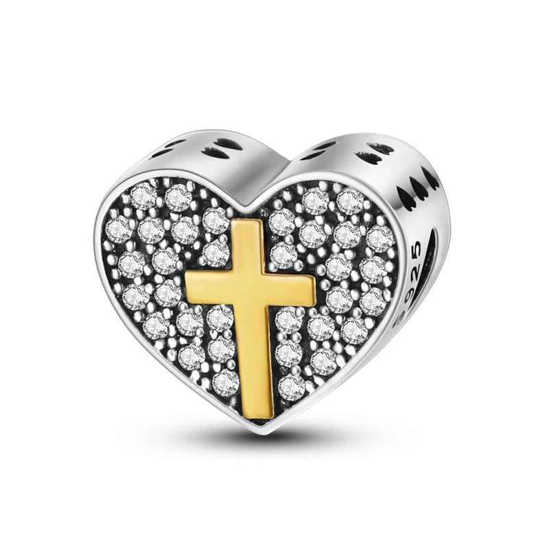 Cœur Divin | Charm en Argent avec Croix Dorée et Strass